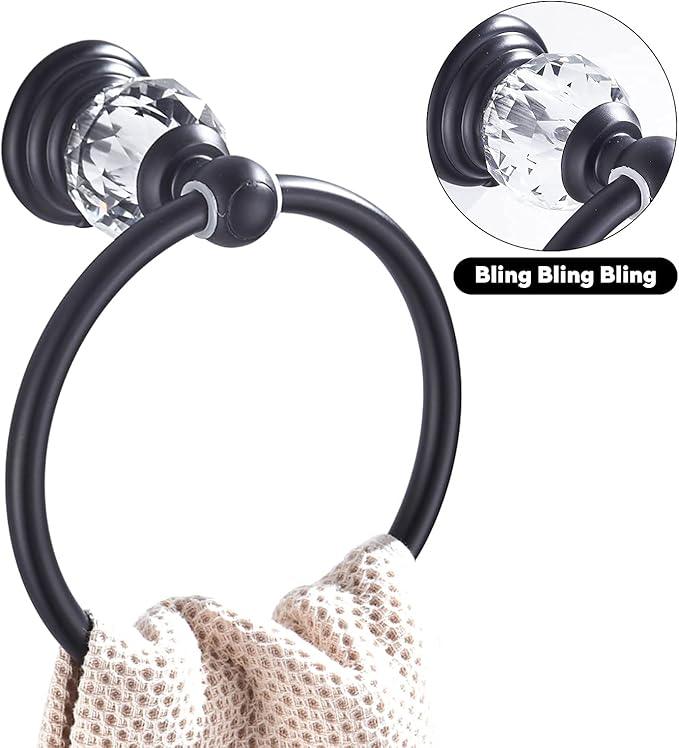 WINCASE Crystal Towel Ring, Black Hand Towel Holder, Bathroom Round Towel Hanger Racks Wall Mount Matte Black - ModernBath