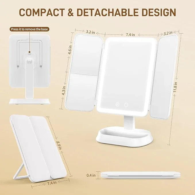 FRANO Vanity Mirror with Lights - Rechargeable Lighted Makeup Mirror | 1X/3X/5X Magnification, Smart Touch, 3 Colors Dimmable | Portable Trifold Mirror for Travel for Women and Girls - ModernBath
