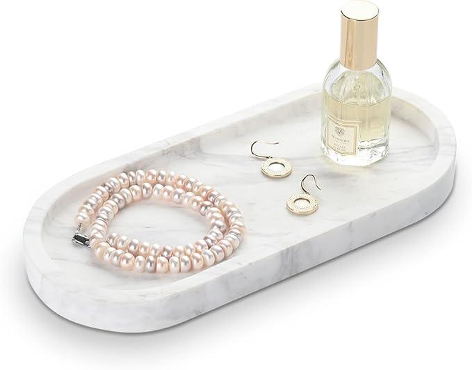 HAMAKAWA Oval Bathroom Vanity Tray, Large Natural Marble Sink Tray 10 inch, Volakas White Stone Soap Trays, Modern Perfume Trays, Countertop Organizer for Kitchen, Coffee Table, Home Decor - ModernBath