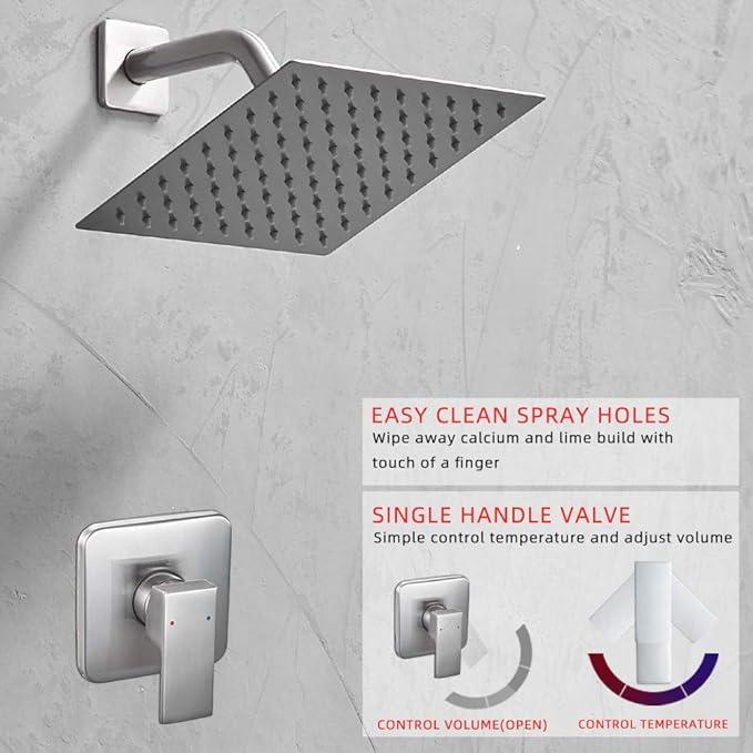 Heable Shower Faucet Set Brushed Nickel, Bathroom Rainfall Shower System with Stainless Steel Metal Shower Head, Single Function Shower Trim Kit with Rough-in Valve - ModernBath