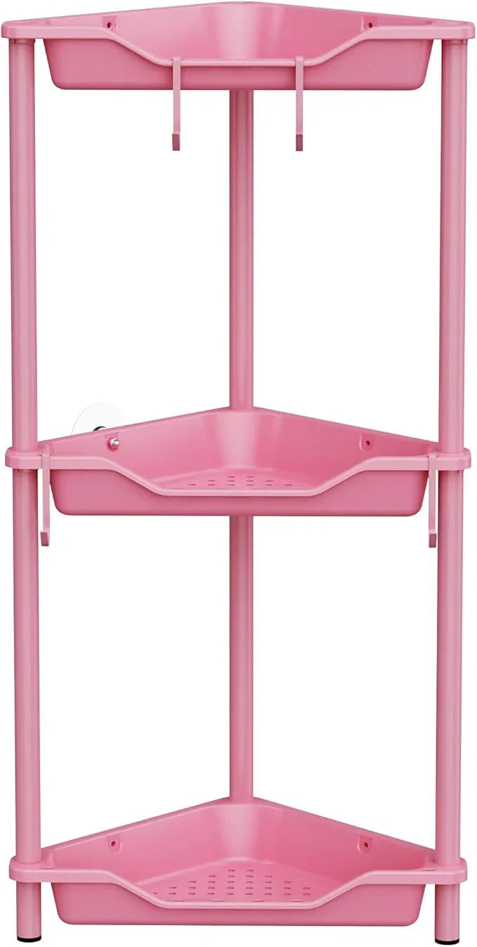 Orimade Rustproof 3 Tier Floor Standing Corner Shower Caddy Organizer, Plastic Metal Splicing Floor Corner Shelf Rack Stands for Bathroom, Pink - ModernBath