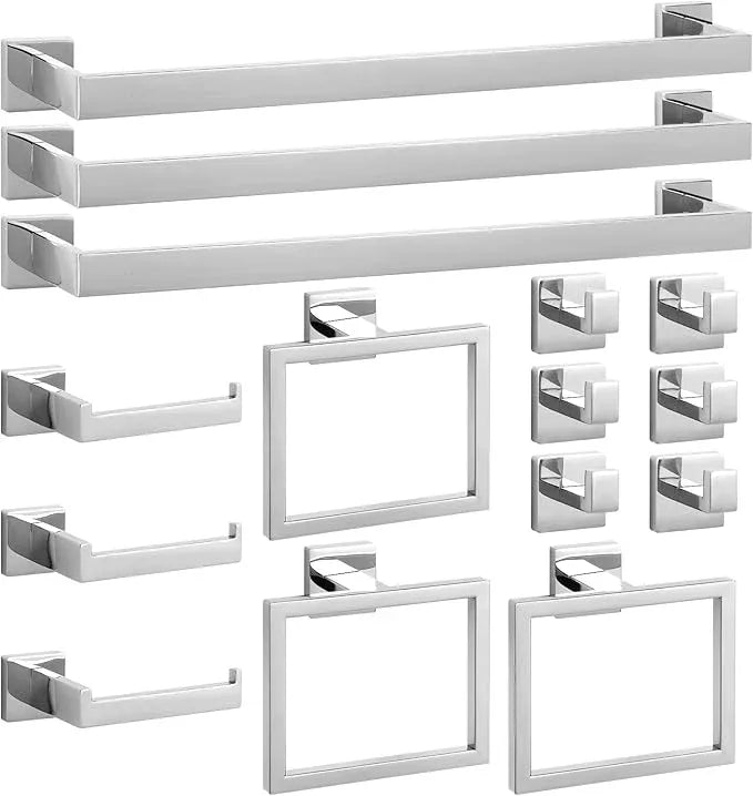 Cilee 15-Pieces Bathroom Hardware Set - Polished Chrome Bathroom Accessories, 24 Inch Towel Bar, Square Towel Ring, Toilet Paper Holder, Towel Hook, Wall-Mounted Stainless Steel Towel Bar Rack Set - ModernBath