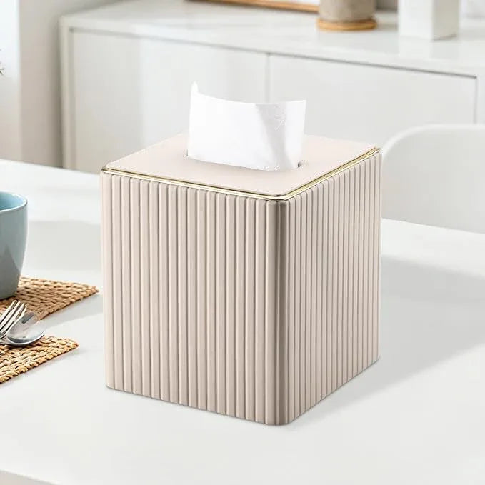 KINGFOM Square Tissue Box Cover, PU Leather Tissue Box Holder for Kleenexs with Magnetic Bottom Cover for Facial Tissues/Napkins, Office & Living Room Decor Box Beige - ModernBath
