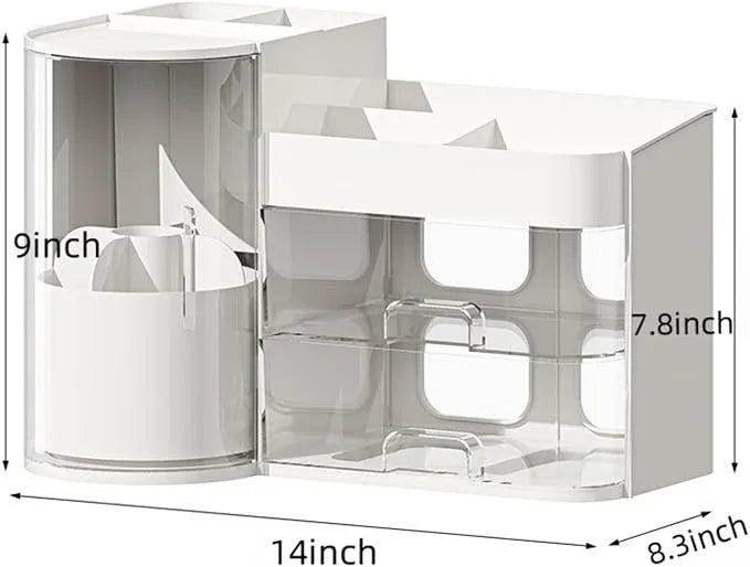 Makeup Organizer with Rotating Brush Holder Cosmetic Organizer with Drawers Countertop Skincare Organizer for Vanity,Cosmetic Display Case Storage (White, Large) - ModernBath