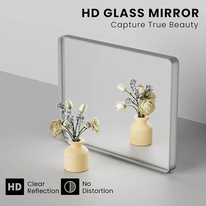 JISOSO Brushed Nickel Bathroom Mirror 38x38 Inch, Brushed Silver Metal Frame Mirror Wall Mounted, Rounded Bathroom Vanity Mirror, Tempered Glass, Anti-Rust, Horizontal/Vertical - ModernBath