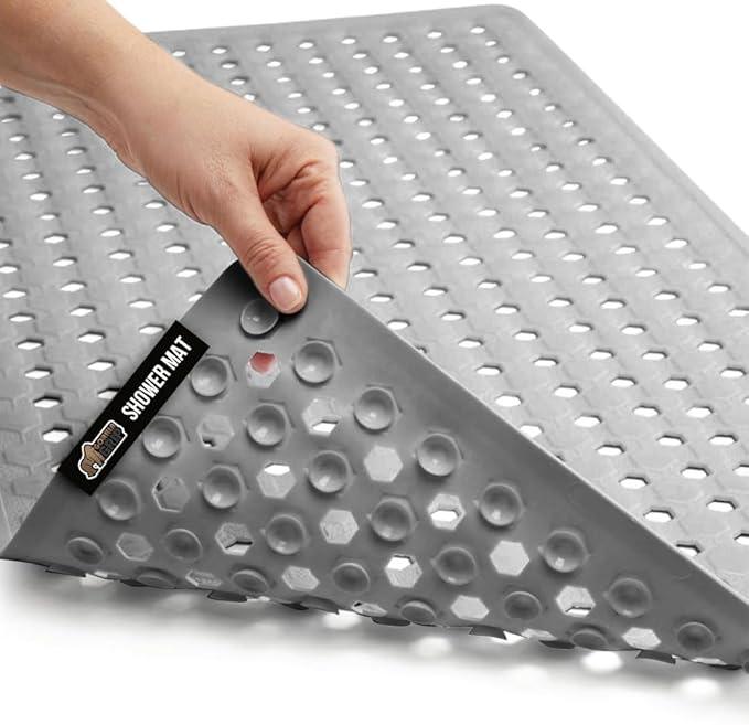 GORILLA GRIP Patented Bath Tub Shower Mat, Machine Washable Bathtub Floor Liner Mats, Suction Cups and Drain Holes to Keep Tubs Clean, Soft on Feet, Bathroom Essentials, 35x16 Inch, Gray Opaque - ModernBath