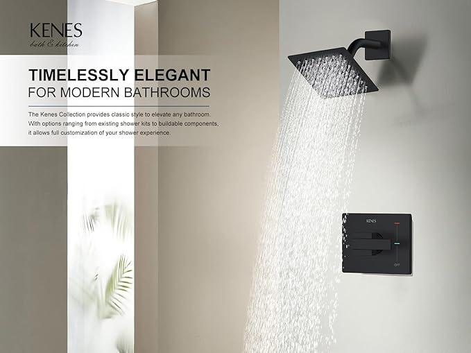 KENES Matte Black Shower Faucet with 6-Inch Shower Head and Handle Set, Square Shower Faucet Set Bathroom Rainfall Shower System Wall Mount, KE-6025B-2 (Shower Valve Included) - ModernBath