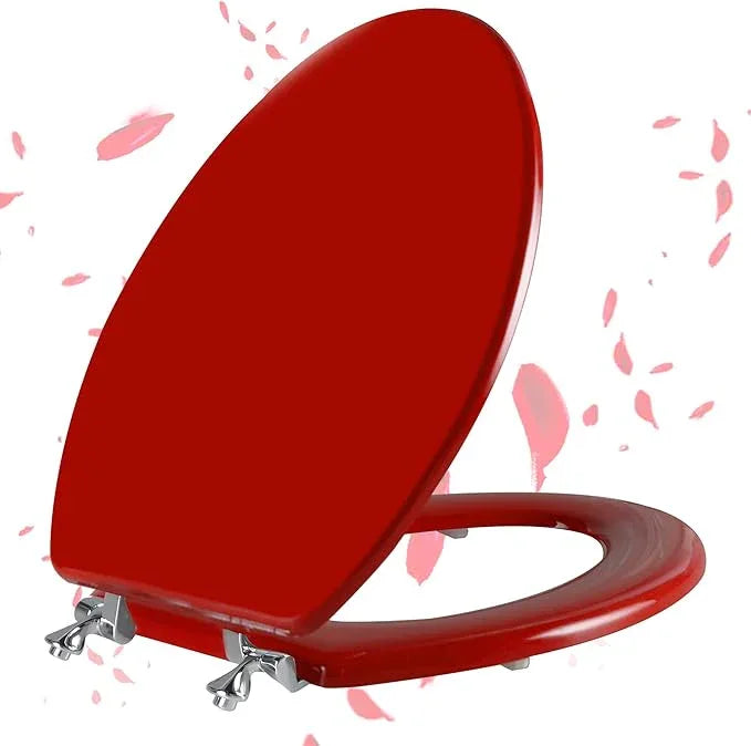 Red Elongated Toilet Seat Natural Wood Toilet Seat with Zinc Alloy Hinges, Easy to Install also Easy to Clean, Scratch Resistant Toilet Seat by Angol Shiold (Elongated, Red) - ModernBath