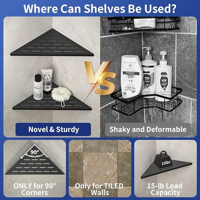 Corner Shower Shelf, 12" Matte Black 304 Stainless Steel Slot Design Recessed Corner Shelves 2 Pack Bathroom Grout in Shelf for Tiled Wall, Large Size - ModernBath