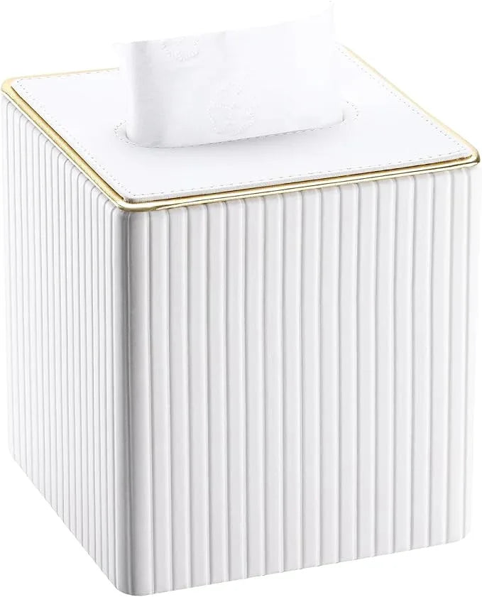 KINGFOM Tissue Box Cover, PU Leather Square Tissue Box Holder for Kleenexs with Magnetic Bottom Cover for Facial Tissues/Napkins, Office & Living Room Decor Box White - ModernBath