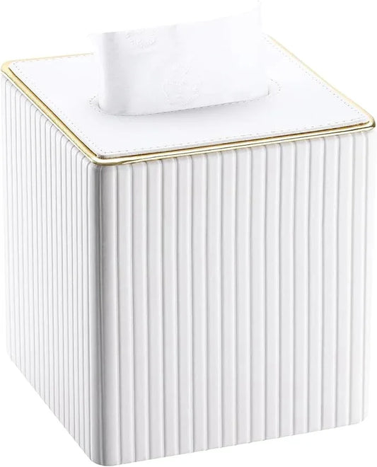 KINGFOM Tissue Box Cover, PU Leather Square Tissue Box Holder for Kleenexs with Magnetic Bottom Cover for Facial Tissues/Napkins, Office & Living Room Decor Box White - ModernBath