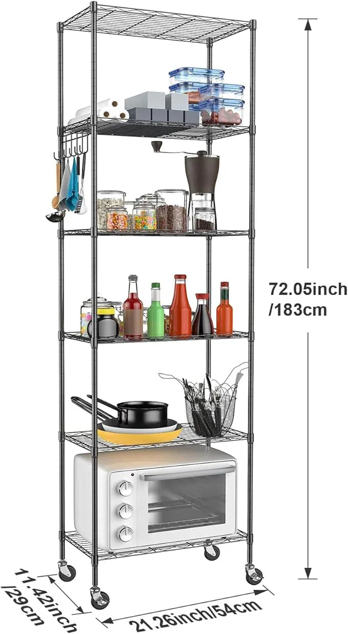 Homdox 6-Tier Storage Shelf Wire Shelving Unit Free Standing Rack Organization with Caster Wheels, Stainless Side Hooks, Black - ModernBath