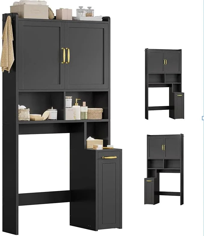 Over The Toilet Storage Cabinet with Pulley Small Bathroom Storage Cabinet, Space Saver W/Adjustable Shelf & Open Shelf for Bathroom, Restroom, Laundry (Black) - ModernBath