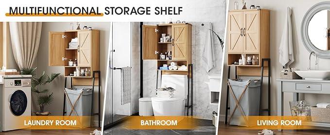 Over The Toilet Storage Cabinet with 2-Door Design Bathroom Organizers and Storage with Anti-Tip Device Over Toilet Organizer with Shelves for Bathroom,Restroom,Laundry Natural - ModernBath