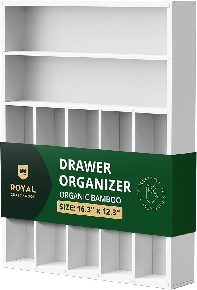 ROYAL CRAFT WOOD Luxury Bamboo Kitchen Drawer Organizer - Silverware Organizer - Utensil Holder and Cutlery Tray with Grooved Drawer Dividers for Flatware and Kitchen Utensils (7 Slot, White) - ModernBath