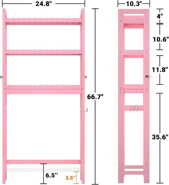 Homykic Bamboo Over The Toilet Storage Shelves, 3-Tier Above Toilet Storage Organizer Rack with 3 Hooks, Freestanding Bathroom Tower Shelf Unit for Small Space, No Rust, Easy to Assemble, Pink - ModernBath