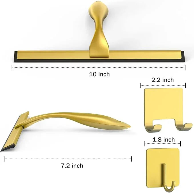 All-Purpose Stainless Steel Shower Squeegee for Shower Doors with 2 Adhesive Hooks, Bathroom Cleaner Tool Household Window Mirror Squeegee for Home Cleaning, Glass Door, Tile Wall, Car, 10 Inch Golden - ModernBath