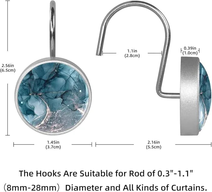 12 Pcs Decorative Shower Curtain Hooks, Rust Proof Glass Surface Stainless Steel Rings for Bathroom Bedroom Kitchen Home Bath Room Rods Decor (Dark Blue Shiny Texture) - ModernBath