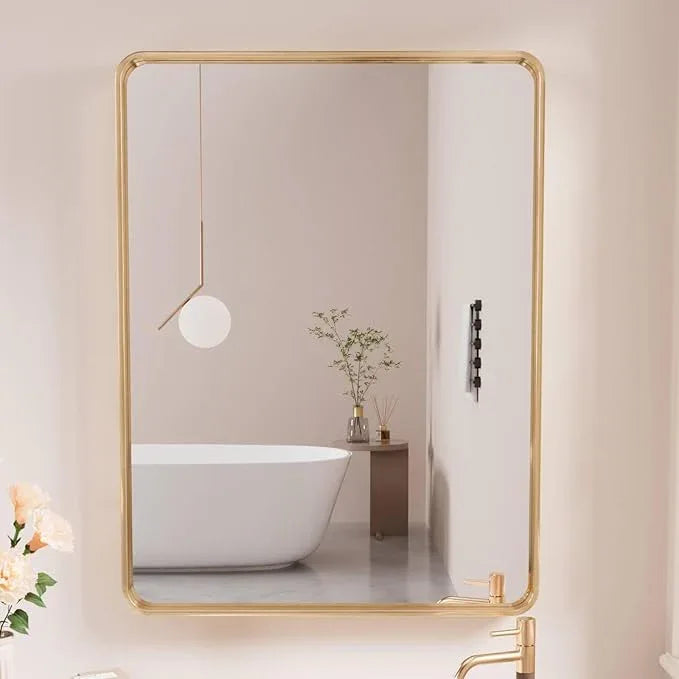 JISOSO Gold Bathroom Mirror, 20x30 Inch Brushed Gold Metal Frame Mirror for Wall, Rounded Rectangle Bathroom Vanity Mirror, Tempered Glass, Anti-Rust, Horizontal/Vertical - ModernBath