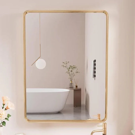 JISOSO Gold Bathroom Mirror, 20x30 Inch Brushed Gold Metal Frame Mirror for Wall, Rounded Rectangle Bathroom Vanity Mirror, Tempered Glass, Anti-Rust, Horizontal/Vertical - ModernBath