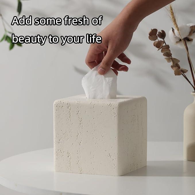 Haocoott Tissue Box Cover Square, Resin Facial Tissue Holder Covers Toilet Paper Holder Decorative Travertine Paper Dispenser Home Decor for Bathroom Bedroom Living Room Office (Off White) - ModernBath