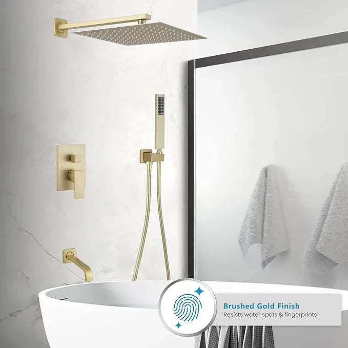 JingGang Brushed Gold Rain Shower System Tub Shower Faucet Set 12 Inch Square Rainfall Shower Head with Handheld Sprayer and Tub Spout Rough-in Valve Shower Mixer Combo Kit - ModernBath