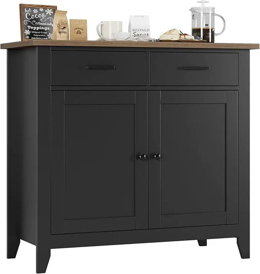 HORSTORS Kitchen Storage Cabinet, Modern Farmhouse Buffet Cabinet with Storage, Coffee Bar with 2 Drawers and 2 Doors, Floor Sideboard Buffet for Living Room, Dining Room, Bathroom, Black/Rustic Brown - ModernBath