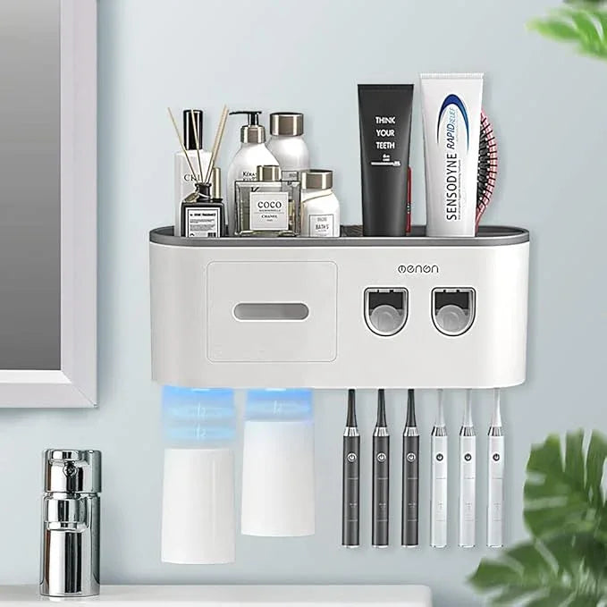 BHeadCat Toothbrush Holders Wall Mounted, Toothbrush Holder with Automatic Toothpaste Dispensers, 6 Brush Slots, 2 Magnetic Cups,1 Cosmetic Drawer Organizer and 1 Large Storage Tray - ModernBath