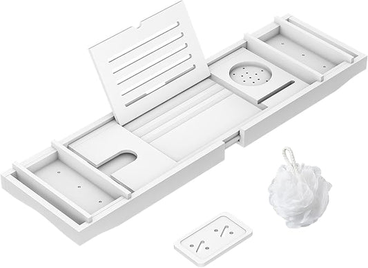 Zhuoyue Bamboo Bathtub Tray, Expandable Premium Bath Tray for Luxury Bathroom, Adjustable Bath Accessories for Tub with Soap Towel Book Holder, Extendable 29.5-43.3" White