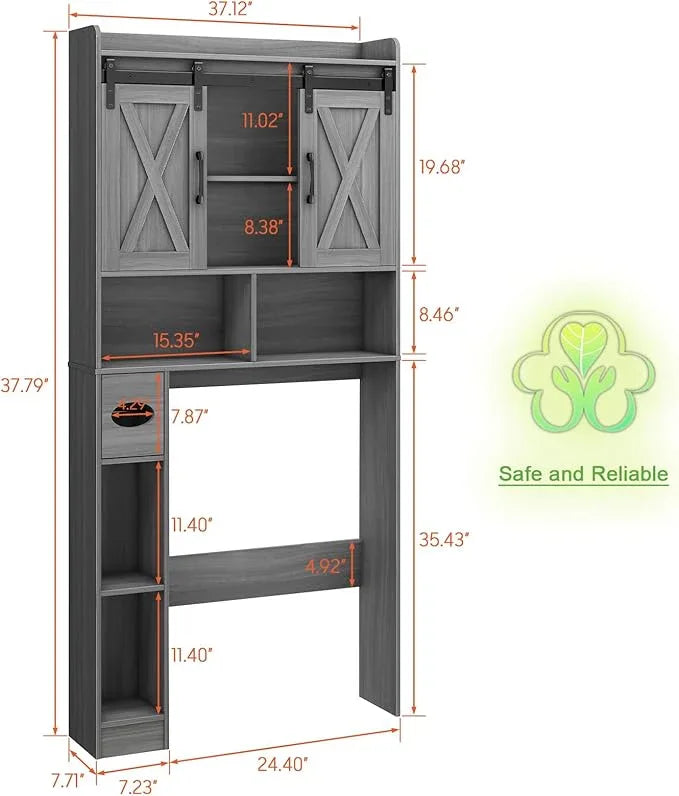Farmhouse Over The Toilet Storage Cabinet with Sliding Door & Toilet Paper Holder Stand, Space-Saving for Bathroom & Restroom, Wash Grey - ModernBath