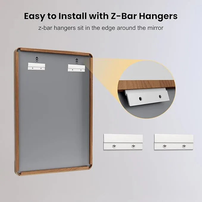 LOAAO 40X24 Inch Bathroom Mirror with Wood Grain Colored Metal Frame, Rounded Rectangle Metal Framed Bathroom Mirror, Anti-Rust, Hangs Horizontally or Vertically - ModernBath