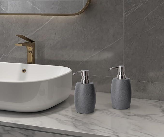 Clasin Home Sandstone Textured Resin Soap Dispenser with Metallic Pump and Waterproof Bottle Labels for Bathroom Kitchen Dish Hand Wash Shower Lotion Shampoo, 12 Oz, 2 Sets Gray - ModernBath