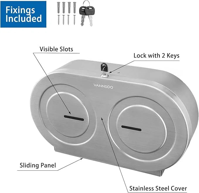 Twin Jumbo Toilet Paper Dispenser Wall Mount, 9" Commercial Stainless Steel Double Roll Toilet Paper Holder, Industrial Large Tissue Dispenser with Lock, Brushed - ModernBath
