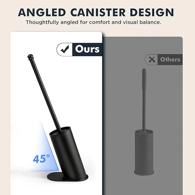 Toilet Brush and Holder Set, Stainless Steel Toilet Bowl Brush with 16.5" Long-Reach Handle, Tilted Canister with Concealed Brush Head & Anti-Splash Shield for Bathroom Cleaning, 1 Spare Head Included - ModernBath