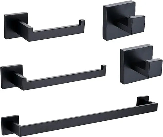 TASTOS 5-Pieces Matte Black Bathroom Hardware Set, Premium Stainless Steel Square Wall Mounted-Includes 23.6 Inch Towel Bar, Toilet Paper TP Holder, 9 Inch Towel Holder, 2 Robe Towel Hooks - ModernBath
