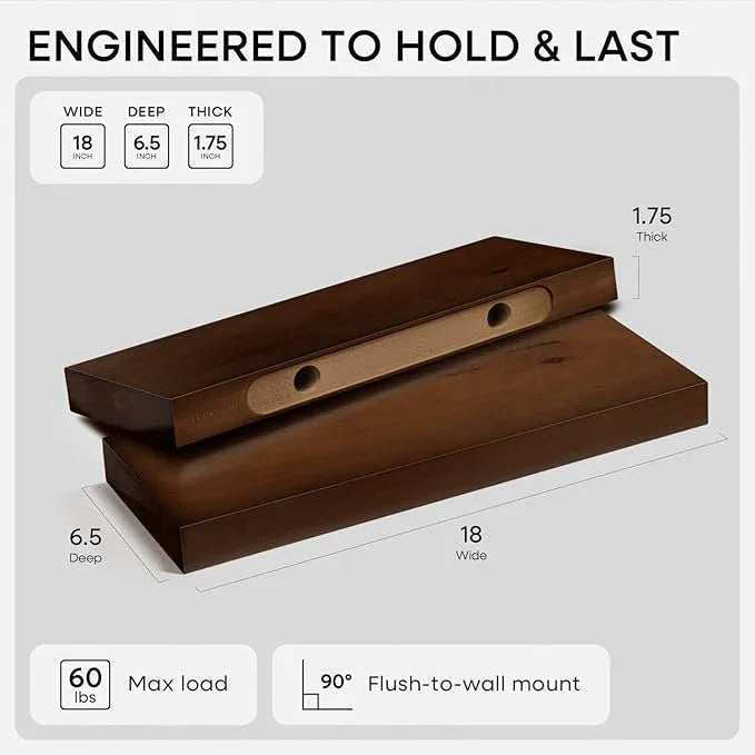 Homeforia Walnut 18 inch Floating Shelf, High End Solid Real Wood 18inch Floating Shelves for Wall Mounted, Dark Brown 18 inches Long Floating Shelves, Heavy Duty Bracket, 18 X 6.5 X 1.75 in, Set of 3 - ModernBath