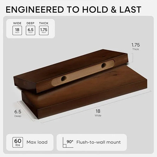 Homeforia Walnut 18 inch Floating Shelf, High End Solid Real Wood 18inch Floating Shelves for Wall Mounted, Dark Brown 18 inches Long Floating Shelves, Heavy Duty Bracket, 18 X 6.5 X 1.75 in, Set of 2 - ModernBath
