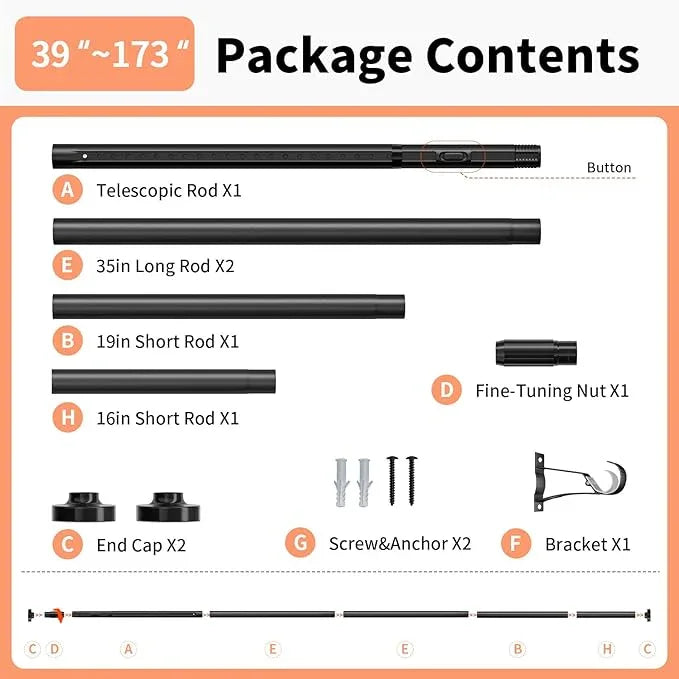 Treije Tension Curtain Rod 39-173In, Outdoor Extra Long Curtain Rod No Drilling for Window or Bathroom Patio, Adjustable Heavy Duty Shower Curtain Rod, Easy to Install, Never Rust, Non-Slip-Black - ModernBath