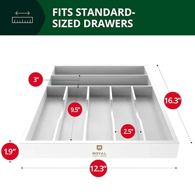 ROYAL CRAFT WOOD Luxury Bamboo Kitchen Drawer Organizer - Silverware Organizer - Utensil Holder and Cutlery Tray with Grooved Drawer Dividers for Flatware and Kitchen Utensils (7 Slot, White) - ModernBath