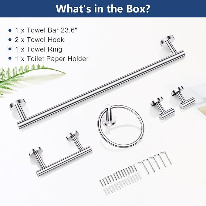 TQKAG Polished Chrome 5 Piece Bathroom Hardware Accessories Set 23.6" SUS304 Stainless Steel Bathroom Towel Bar Holder Sets Double Post Pivoting Toilet Paper Holder Set Wall Mounted - ModernBath