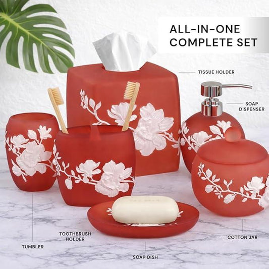 Decozen Bathroom Accessories Set 6Pcs – Soap Dispenser, Toothbrush Holder, Tumbler, Soap Dish & Cotton Swab Jar – Modern Bathroom Decor, Bath Set for Valentines Day Gifts Valentines Decor, Savannah - ModernBath