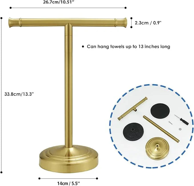 RUMOSE 13 Inch Brushed Gold Towel Stand Hand Towel Holder Bathroom Kitchen Vanity Countertop T-Shape Towel Rack Free Standing Stainless Steel Towel Bar Towel Ring - ModernBath