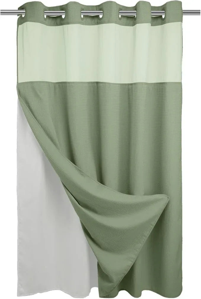 River Dream Green Heavyweight No Hooks Required Shower Curtain with Snap in Liner - Dotted Waffle Weave,Hotel Grade,Spa Like Bath Curtain,71W x 74H - ModernBath
