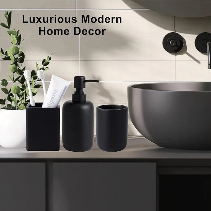 Resin Matte Black Bathroom Accessories Set of 5, Lotion Soap Dispenser, Bathroom Organizer Accessory, Toothbrush Holder, Self Draining Soap Dish and Bathroom Tumbler for Modern Home Decor - ModernBath