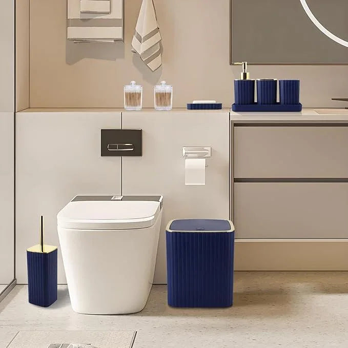 XLHOMO Bathroom Accessories Set - Gorgeous Bathroom Set, 10PC Navy Blue Bathroom Accessory Set, Toilet Brush, Trash Can, Qtip Holder Dispenser & Soap Dispenser - ModernBath