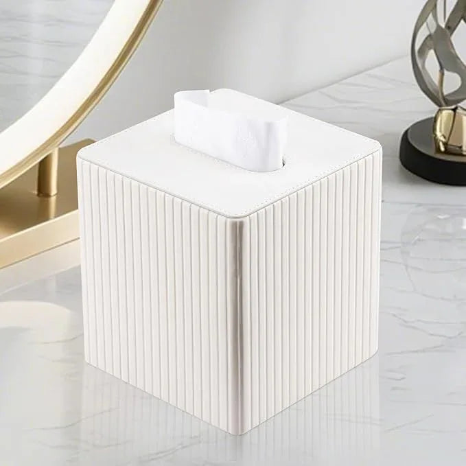 KINGFOM Square Pu Leather Tissue Box Cover, Modern Facial Tissue Holder, Roll Tissues Paper Case Dispenser for Bathroom Vanity Countertop, Night Stands, Office Desk (Off-White Strips) - ModernBath