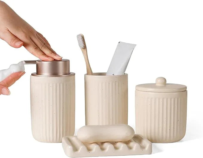BosilunLife Bathroom Accessories Set - Ceramic Bathroom Set Bathroom Decor Sets Bathroom Counter Foam Soap Dispenser and Toothbrush Holder Set, Soap Dish, Apothecary Jar (Striped Apricot) - ModernBath
