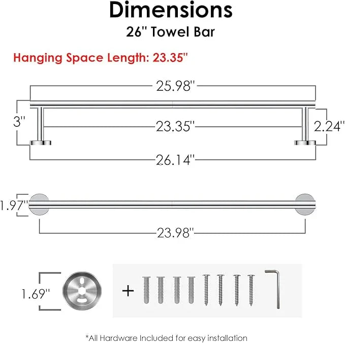 FORIOUS Towel Bar Wall Mounted, Stainless Steel Towel Racks for Bathroom, Includes Wall Mounting Hardware (Chrome, 26 Inch) - ModernBath
