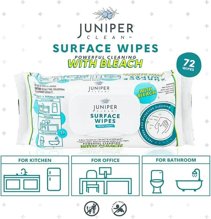 Juniper CLEAN 3 Pack Surface Cleaning Wipes with Bleach, All-Purpose Cleaner for Bathroom, Kitchen, Office, 216 Count Soft Flow, Fresh Scent, Lint Free & Durable - ModernBath
