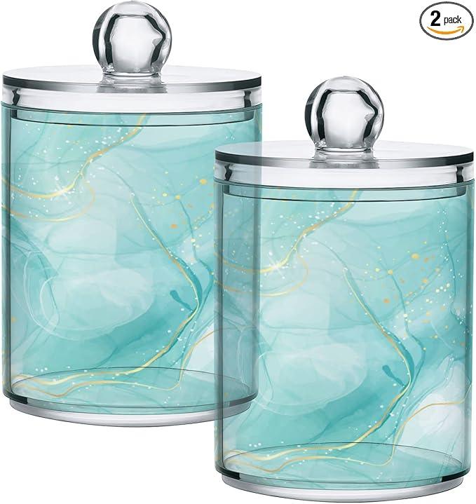 BOENLE 2 Pack Qtip Holder Dispenser Turquoise Marble Bathroom Storage Canister Lid Acrylic Plastic Apothecary Jar Set Vanity Makeup Organizer for Cotton Swabs/Pads/Floss - ModernBath